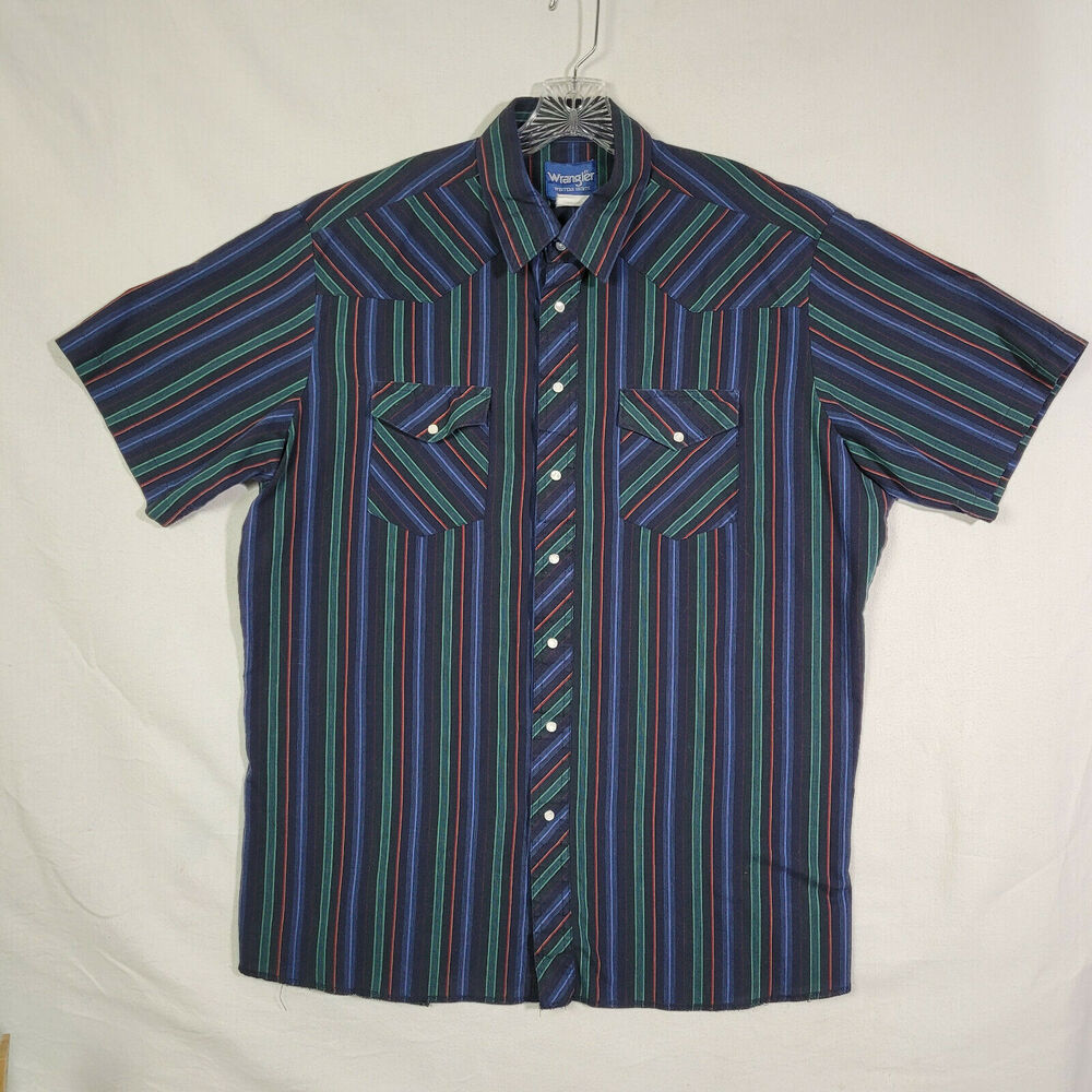 Wrangler Western Shirt Black Blue Gree Striped Short Sleeve XLT Shirt Pearl Snap